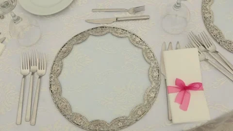 Wedding dinner table in hotel white close up wedding day cinematic. Stock Footage 134352886
