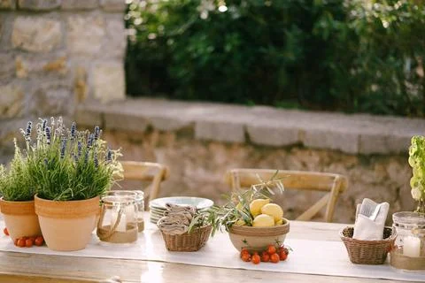 Wedding dinner table reception at sunset outside. Ancient rectangular wood... 스톡 사진