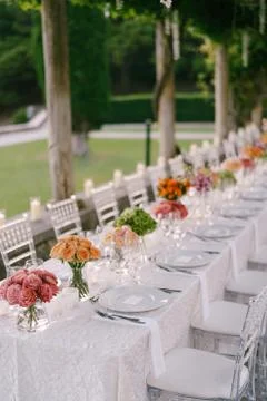 Wedding dinner table reception. A very long table for guests with a white Stockfoto's