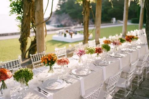 Wedding dinner table reception. A very long table for guests with a white 写真素材