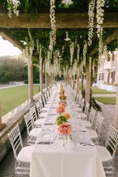 Wedding dinner table reception. A very long table for guests with a white 写真素材