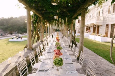Wedding dinner table reception. A very long table for guests with a white ... Stockfoto's