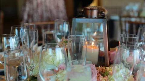 Wedding Dinner Table With Wine Glasses and Candles, No People Stock Footage 101662081