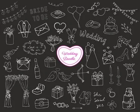 Wedding doodle set on black background, illustration Stock Illustration