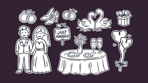 Wedding Doodle Sketch Icon Set Vintage Party Love Vector Dinner Save the Date Stock Illustration