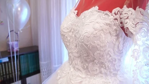 Wedding dresses at home on mannequin. Preparation for the wedding Stock Footage