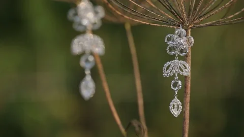 Wedding Earrings hanging on a dry yellow grass decorations for the bride Stock Footage 93850053