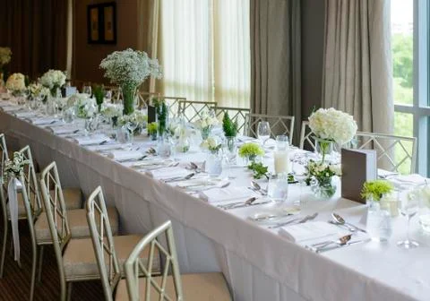 Wedding the elegant dinner long table set Stock Photos
