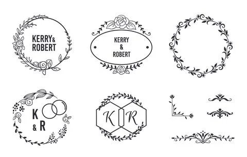 Wedding elegant monograms. Round frames and decorative corners for invitation Illustrazione stock