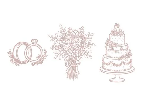 Wedding elements sketched in rose gold on white background. Stock Illustration