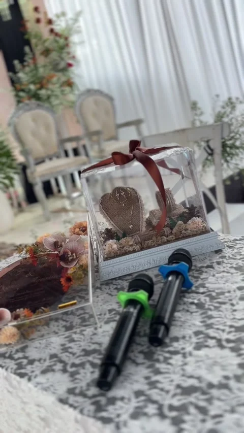 Wedding engagement dowry gift display with microphones at reception venue Video stock 328220124