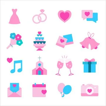 Wedding flat icon set in pink and blue color Stock Illustration