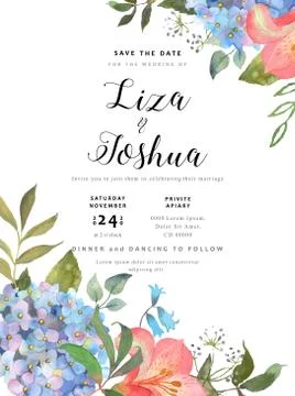 Wedding floral background with a blooming blue hydrangea and leaves. Hand drawn Stock Illustration