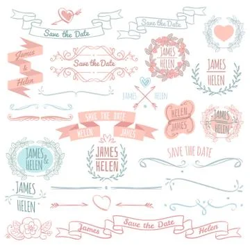 Wedding floral decoration elements vector collection with hand drawn wreath 스톡 일러스트