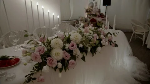 Wedding flower arrangement on the table in pink and beige colours. Stock Footage 166703871