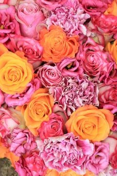 Wedding flowers: roses, carnations and listianthuis in various shades of pink Stock Photos