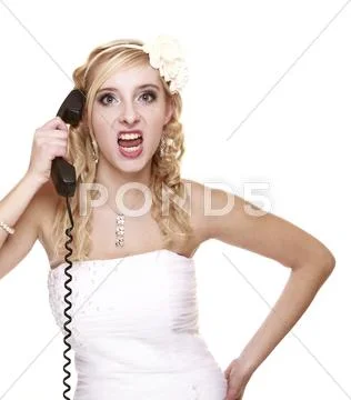 Wedding fury bride phone yelling, relationship difficulties Stock Photos