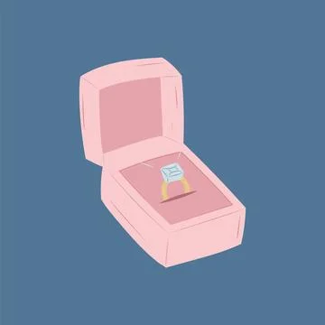 Wedding gold ring with blue stone in pink box on blue background. Illustrazione stock