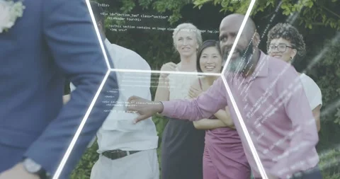 Wedding guests reaching hands greeting groom entering frame as wireframe code Stock Footage 320416368
