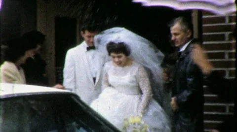 Wedding Guests Throw Rice at Bride and Groom 1960s Vintage Film Home Movie 1930 스톡 동영상 10571411