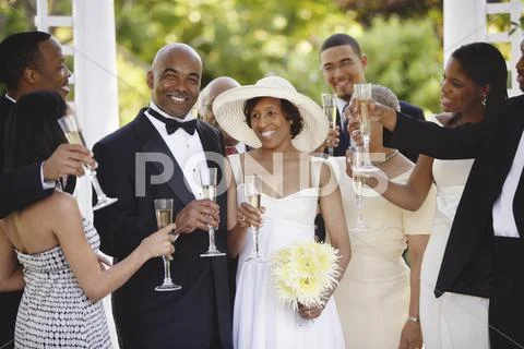 Wedding guests toasting bride and groom Stock Photos