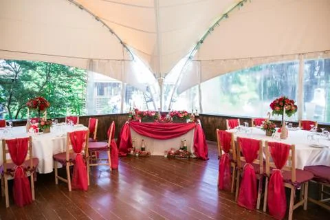Wedding hall with red coloured chairs 库存照片