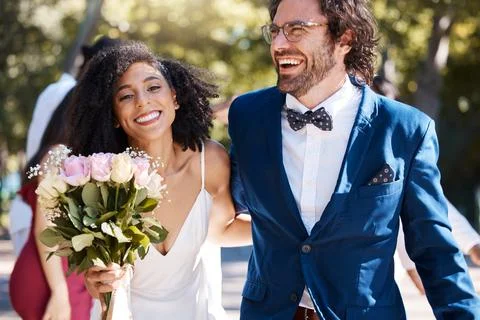 Wedding, happy couple and walking outdoor for marriage celebration event for Stock Photos