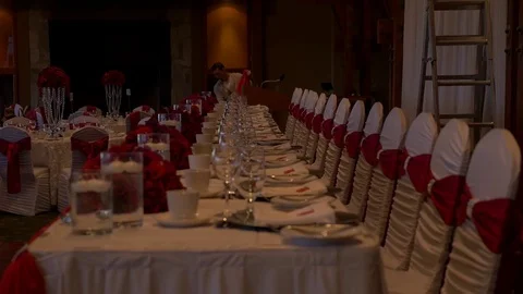 Wedding head table decorated for a ceremony. Luxury set up. Stock Footage