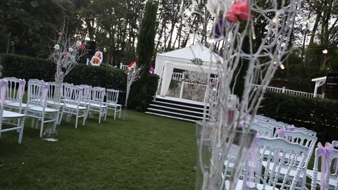 Wedding hotel preparation wedding table bride. Cinematic save the date Stock Footage 134351232