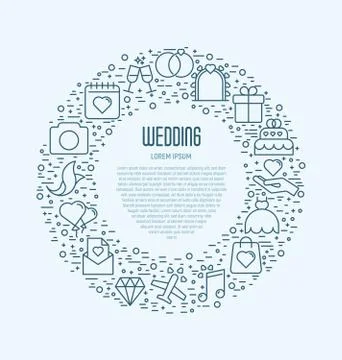Wedding icons in circle. Mock up in thin line style for invitation, menu Stock Illustration
