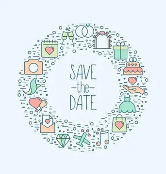 Wedding icons in circle. Save the date concept. Mock up in thin line style Illustrazione stock