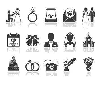 Wedding icons set with bride and groom, rings, cake, church, calendar, bell.. Stock Illustration