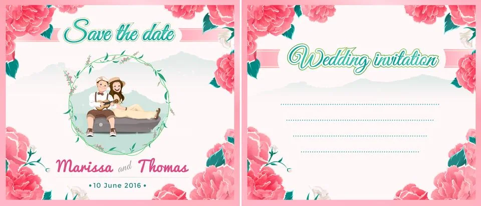 Wedding illustration card with blooming flowers and nature theme. Stock Illustration