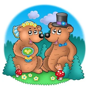Wedding image with bears on meadow 库存插图