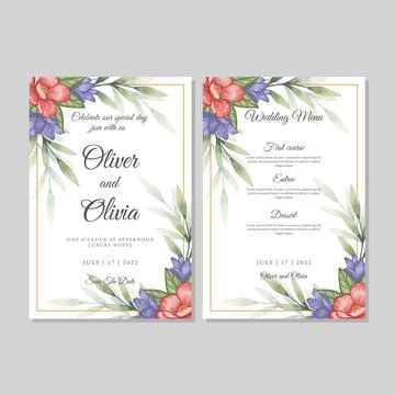 Wedding invitation and menu template with floral and leaves Stock Illustration