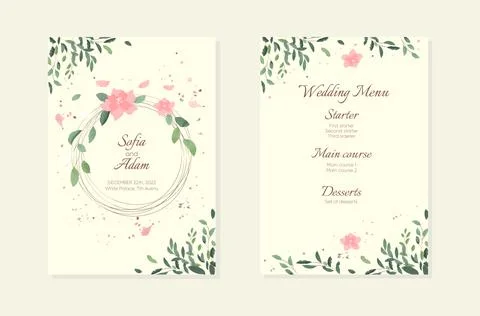 Wedding invitation and menu template with watercolor leaves Stockillustratie