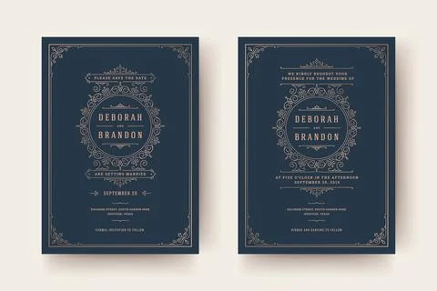 Wedding invitation and save the date cards flourishes ornaments vignette swir Stock Illustration