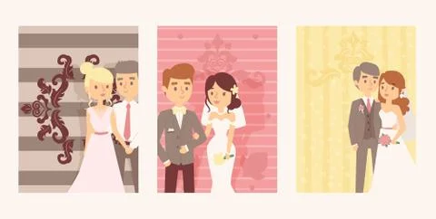 Wedding invitation banners, vector illustration. Happy newlywed couple, cartoon Stock Illustration