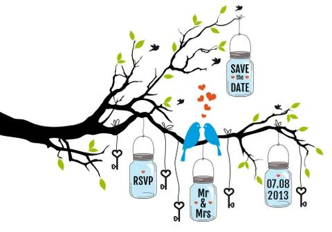 Wedding invitation, birds on tree with jars, vector Stock Illustration