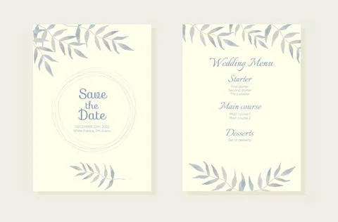 Wedding invitation card background with light blue watercolor botanical leave Stock Illustration