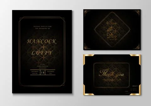 Wedding invitation card black background and golden frame Stock Illustration