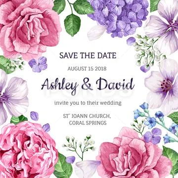 Wedding Invitation card with flowers in watercolor style on white background Stock Illustration