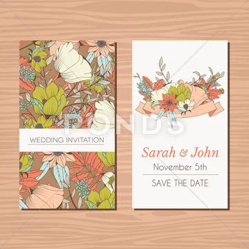 Wedding invitation card with hand drawn flower and ribbon background Stock Illustration