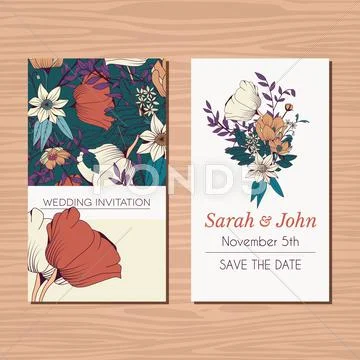 Wedding invitation card with hand drawn flower and ribbon background Stock Illustration