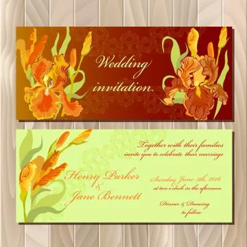 Wedding invitation card with red iris flower background. Vector illustration Stock Illustration