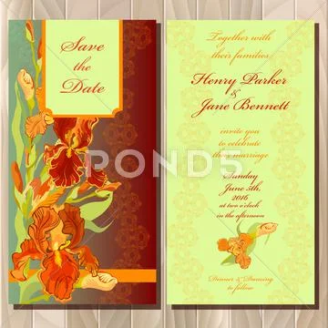 Wedding invitation card with red iris flower background. Vector illustration Stock Illustration