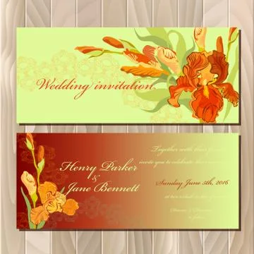 Wedding invitation card with red iris flower background. Vector illustration Stock Illustration