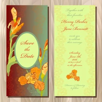 Wedding invitation card with red iris flower background. Vector illustration Stock Illustration