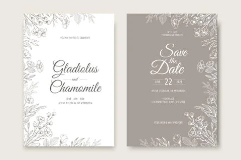 Wedding invitation card template design. Template, Frame with Flowers, Branches Stock Illustration