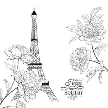 Wedding invitation card template. Eiffel tower simbol with spring blooming Stock Illustration